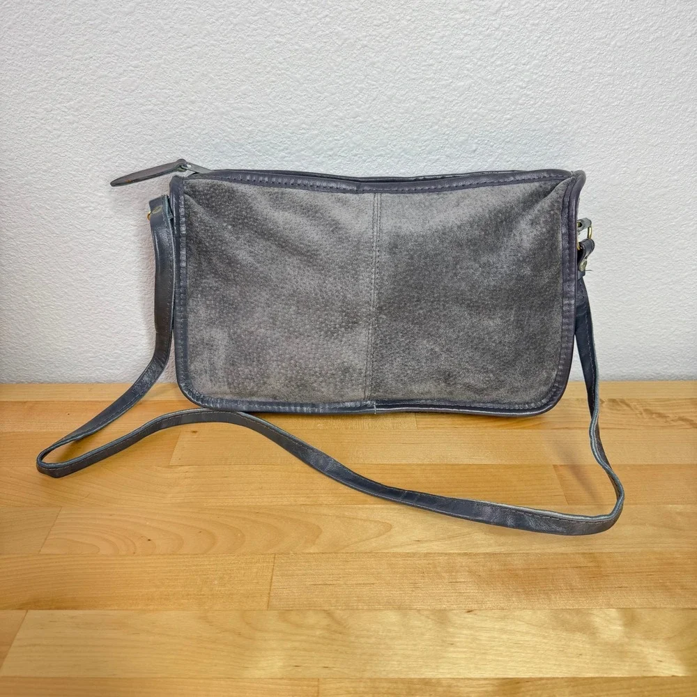VTG Grey Suede Leather Crossbody Bag Made in Hong‎ Kong Minimalist Rectangular